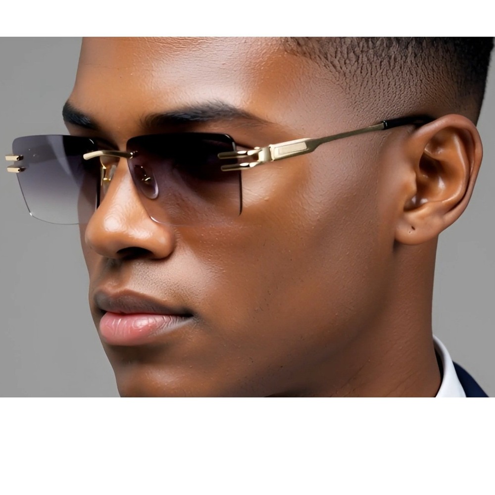 Men's Square Rimless Gold Frame Purple Gradient Tint Hip Hop Sunglasses